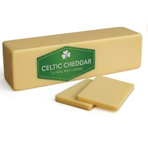 250g block of Irish Celtic white cheddar cheese in vacuum-sealed packaging.