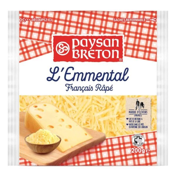 200g resealable bag of AgroFoodsGlobal shredded Emmental cheese with yellow packaging and brand logo.