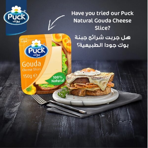 Puck Mozzarella Natural Cheese Slices displayed in a retail store for customers.