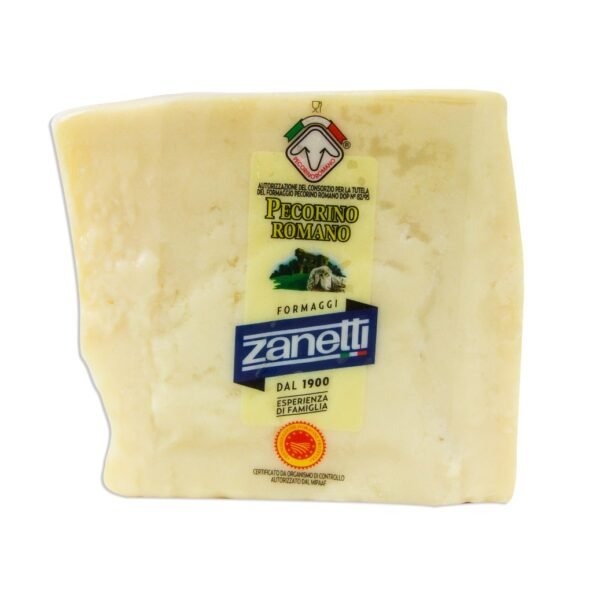 200g wedge of Zanetti Pecorino Romano Cheese stored in the refrigerator for freshness.