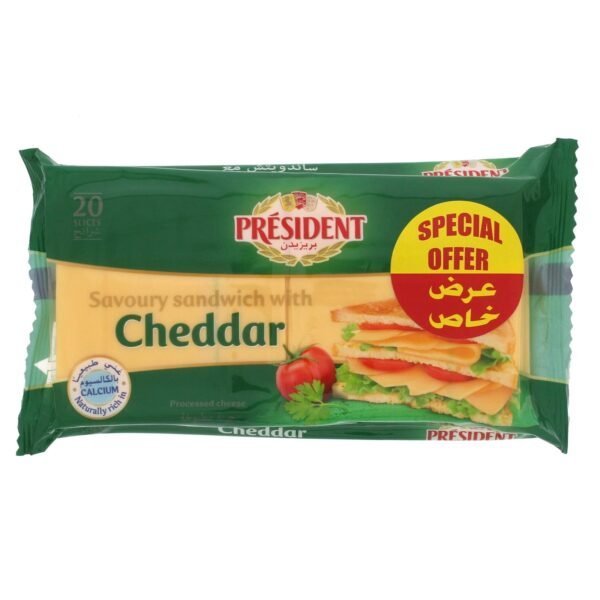 Delicious President Burger Cheddar Cheese Slices in a sandwich for a flavorful meal.