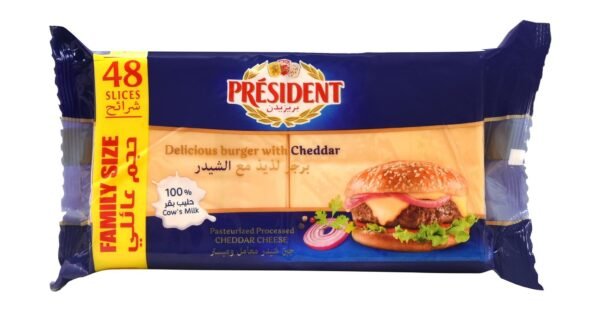 President Burger Cheddar Cheese Slices displayed in a retail store for customers.