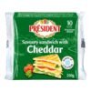 Close-up of rich and creamy President Burger Cheddar Cheese Slices on a burger.