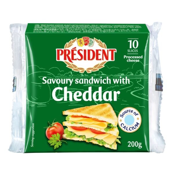 Close-up of rich and creamy President Burger Cheddar Cheese Slices on a burger.