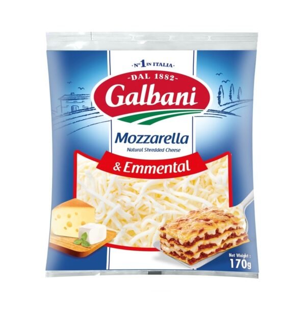 Hand sprinkling Galbani Shredded Natural Mozzarella onto a dish.