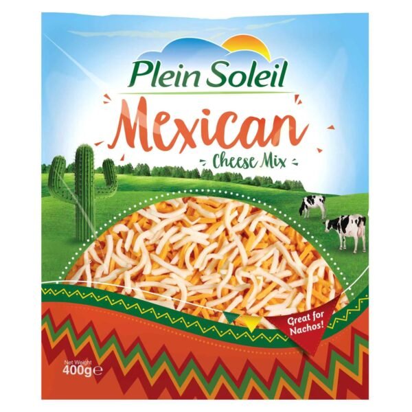 Close-up of rich and flavorful Plein Soleil Shredded Mexican Cheese Mix on a pizza.
