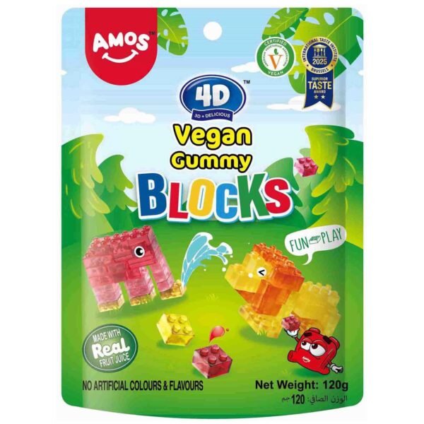 Amos 4D Vegan Fruit Gummy Blocks, 120g – Wholesale & Export UAE