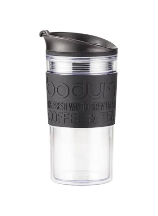 Bodum 12oz Double Wall Insulated Travel Mug with Lid, Clear Plastic w/Black Silicone Sleeve – Wholesale & Export UAE