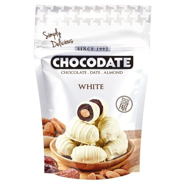 Chocodate Exclusive White Chocolate Coated Dates with Almond, 100g – Wholesale & Export UAE