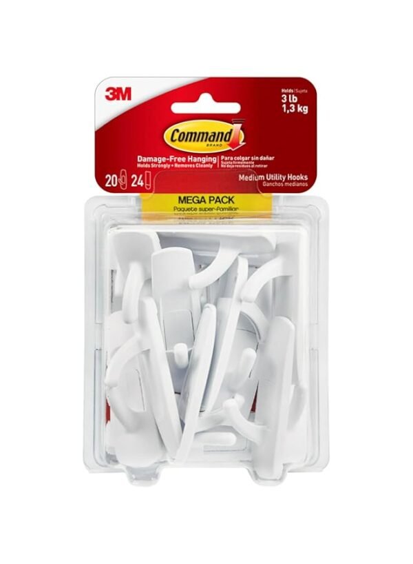 Command Medium Utility Hooks Mega Pack, White, 20-Hooks, 24-Strips, Organize Damage-Free – Wholesale & Export UAE