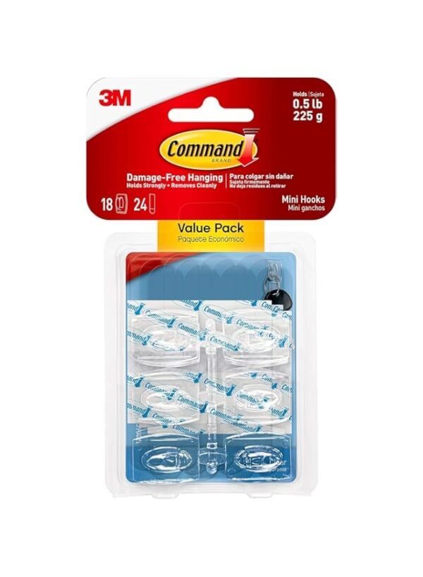 Command-Mini-Hookscrochets-Value-Pack-Holds-up-to-225-gm-Mini-Clear-18-Hooks-24-Small-Strips17006CLRC-VP Command Mini Hooks/crochets Value Pack Holds up to 225 gm, Mini, Clear, 18 Hooks 24 Small Strips,17006CLRC-VP – Wholesale & Export UAE