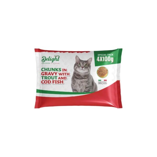 Delight Chunks in Gravy with Trout and Cod Fish, 100g Pack of 4 – Wholesale & Export UAE