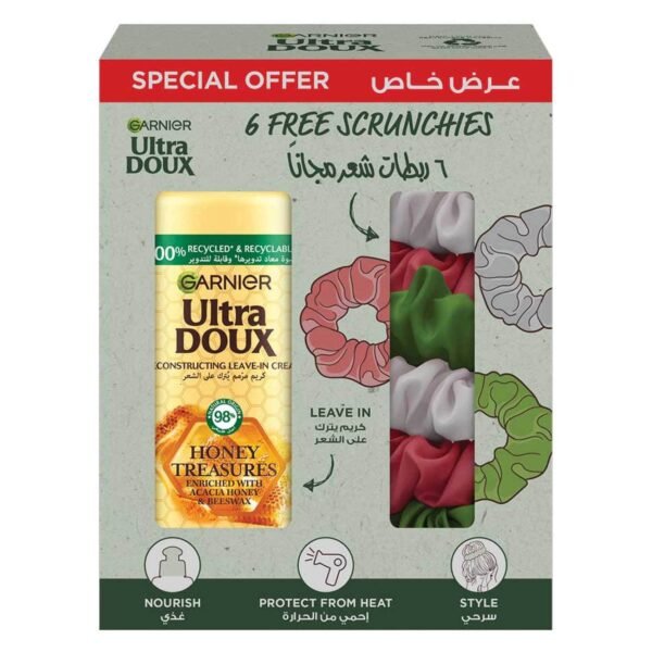 Garnier-Ultra-Doux-Honey-Treasures-Reconstructing-Leave-in-Cream-200ml-and-Scrunchies Garnier Ultra Doux Honey Treasures Reconstructing Leave-in Cream 200ml and Scrunchies – Wholesale & Export UAE