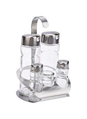 Harmony-83123-Salt-And-Pepper-Shakers-And-Oil-And-Vinegar-Bottles-Set-With-Metal-Stand-Set-5-Pieces-Clear-3 Harmony 83123 Salt And Pepper Shakers And Oil And Vinegar Bottles Set With Metal Stand Set - 5 Pieces - Clear – Wholesale & Export UAE