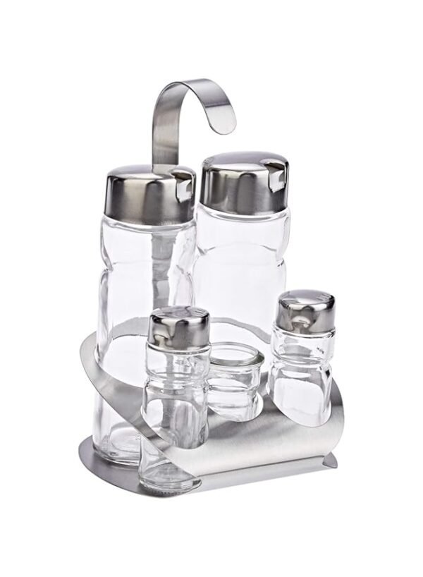Harmony 83123 Salt And Pepper Shakers And Oil And Vinegar Bottles Set With Metal Stand Set - 5 Pieces - Clear – Wholesale & Export UAE