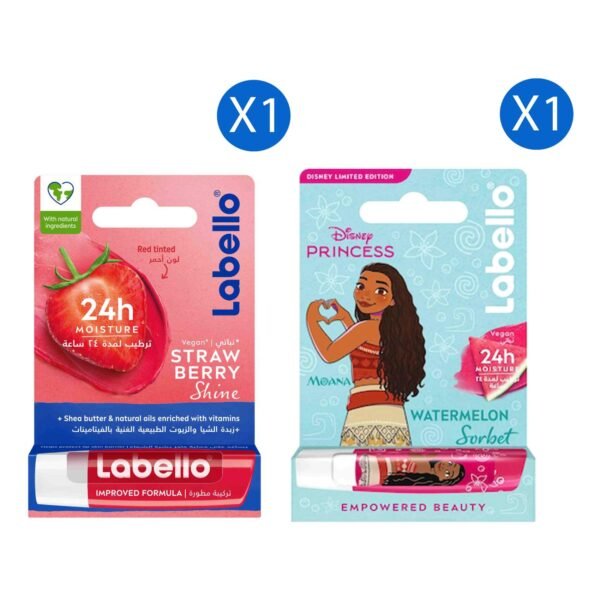 Labello Lip Balm, Strawberry Shine, 4.8g + Disney Princess Moana Lip Balm, Watermelon Sorbet, 4.8g – Wholesale & Export UAE
