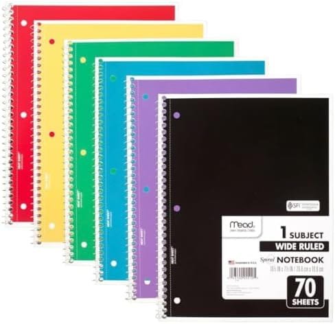 Mead Spiral Notebook, 6 Pack, 1-Subject, Wide Ruled Paper, 7-1/2" x 10-1/2", 70 Sheets per Notebook, Color Will Vary (73063) – Wholesale & Export UAE