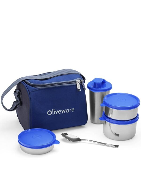 Milano Lunch Box 3 Stainless Steel Containers and Sipper with Steel Spoon Insulated Fabric Bag Leak Proof Full Meal & Easy to Carry (Blu – Wholesale & Export UAE