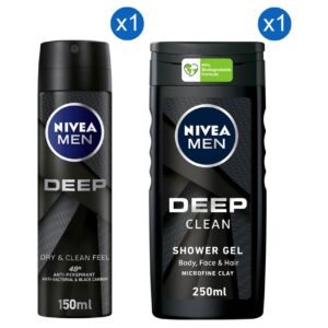 Nivea Deep Dry and Clean Feel Anti-Perspirant Deodorant Spray for Men, 150ml + Nivea Deep Clean Microfine Clay Body, Face and Hair Shower Ge – Wholesale & Export UAE