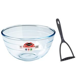 Ocuisine Mixing Bowl 3.0L Borosilicate Glass + Free Metaltex Rapid Potato Masher 28cm – Durable & Efficient Kitchen Set – Wholesale & Export UAE