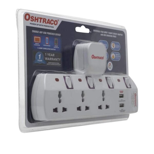 Oshtraco 3-Way Universal T-Socket With USB Port White – Wholesale & Export UAE