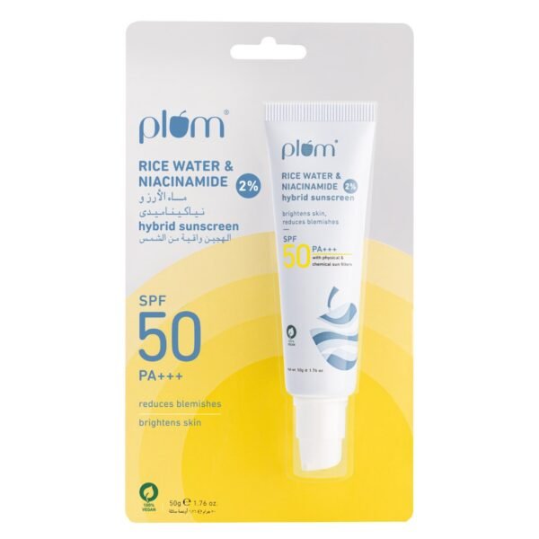 Plum Rice Water And 2% Niacinamide Hybrid Sunscreen SPF50 50gm – Wholesale & Export UAE