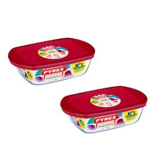 Pyrex Cook & Store Borosilicate Glass Bakeware Set, Rectangular Storage Dishes with Lids 1.2L & 2.5L, Red, Transparent, 2 PCS – Wholesale & Export UAE