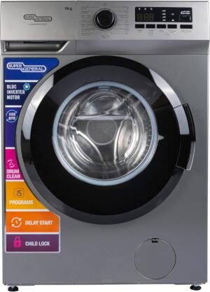 Super General 8Kg Front Load Washing Machine 1400 RPM LED Display 15 Wash Programs Child Lock And Quick Wash, Silver SGW8250NLEDS – Wholesale & Export UAE
