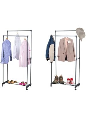 WT-EASYCARE Double Hanging Rod Garment Rack with Rolling Casters – Durable, Rust-Free Steel, Lockable Wheels, Space-Saving Bottom Shelf - Id – Wholesale & Export UAE