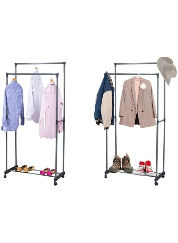 WT-EASYCARE-Double-Hanging-Rod-Garment-Rack-with-Rolling-Casters-–-Durable-Rust-Free-Steel-Lockable-Wheels-Space-Saving-Bottom-Shelf-Id WT-EASYCARE Double Hanging Rod Garment Rack with Rolling Casters – Durable, Rust-Free Steel, Lockable Wheels, Space-Saving Bottom Shelf - Id – Wholesale & Export UAE