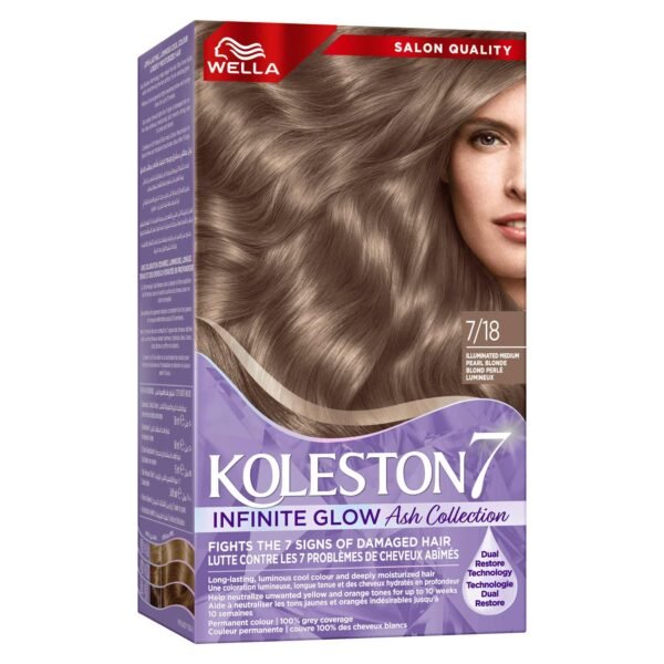 Wella Koleston 7 Infinite Glow Ash Collection Permanent Hair Colour 7/18 Illuminated Medium Pearl Blonde 125ml – Wholesale & Export UAE